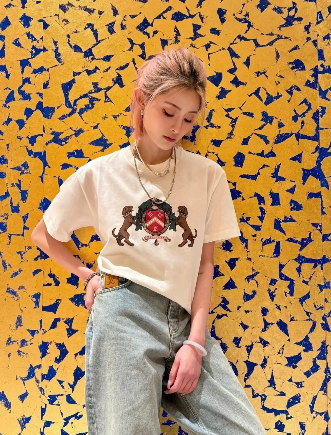 Louis Vuitton/Louis Vuitton 25ss double dog logo printed short sleeves